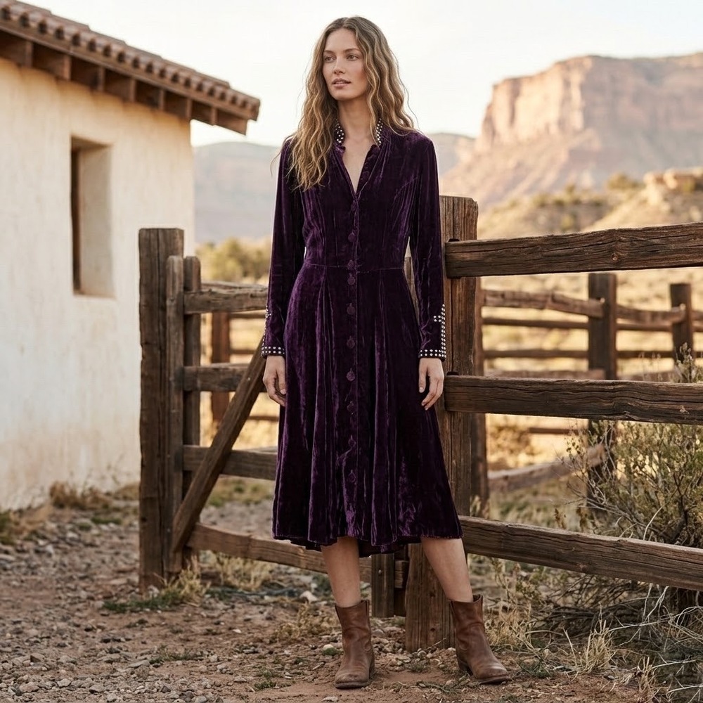 Double D Ranchwear Purple Crushed Velvet Midi Dress XS Concho Stud Western Boho